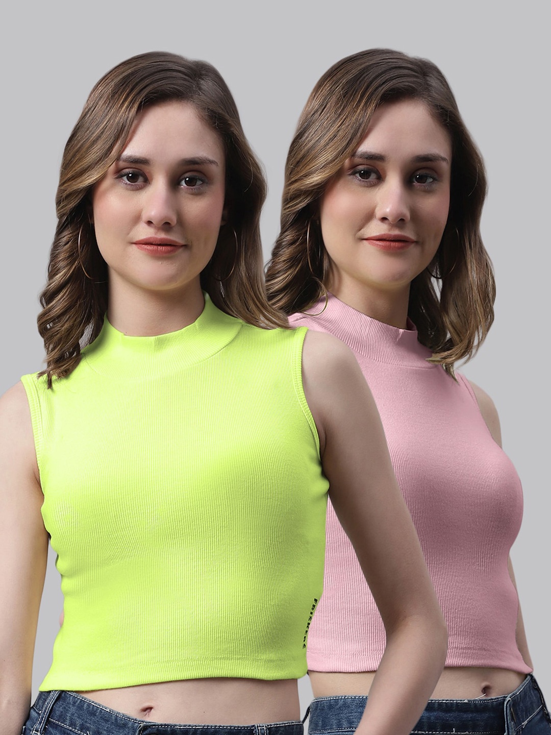 

FBAR Pack Of 2 Cotton Fitted Crop Top, Green