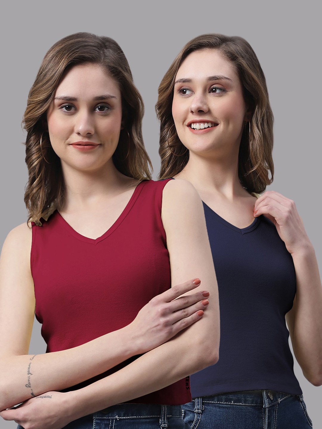 

FBAR Pack Of 2 V-Neck Cotton Crop Top, Maroon
