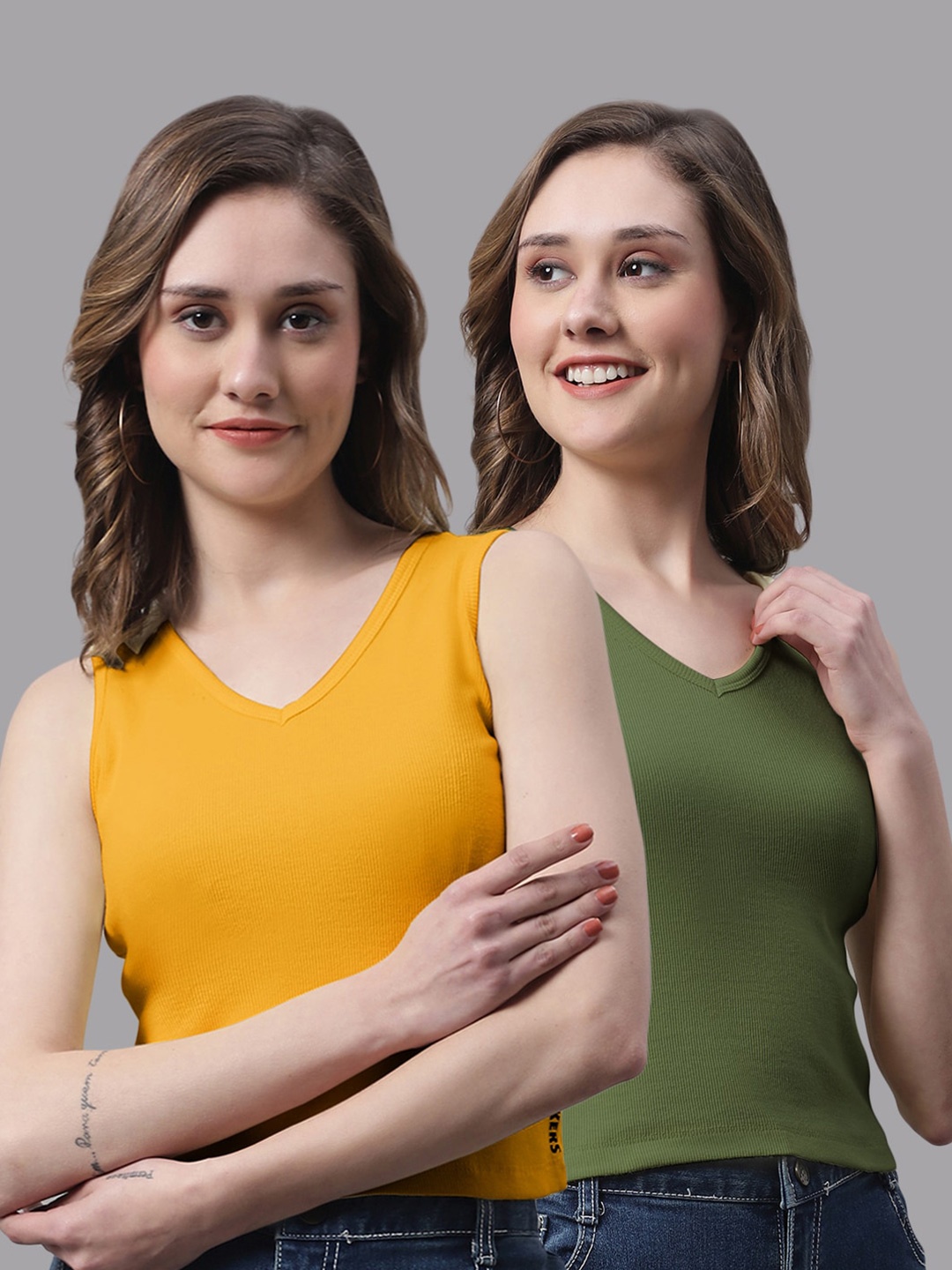 

FBAR Pack Of 2 V-Neck Cotton Crop Tops, Mustard