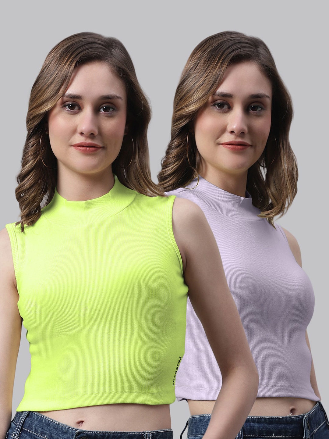 

FBAR Pack Of 2 Bio Washed Ribbed Cotton Crop Tops, Green