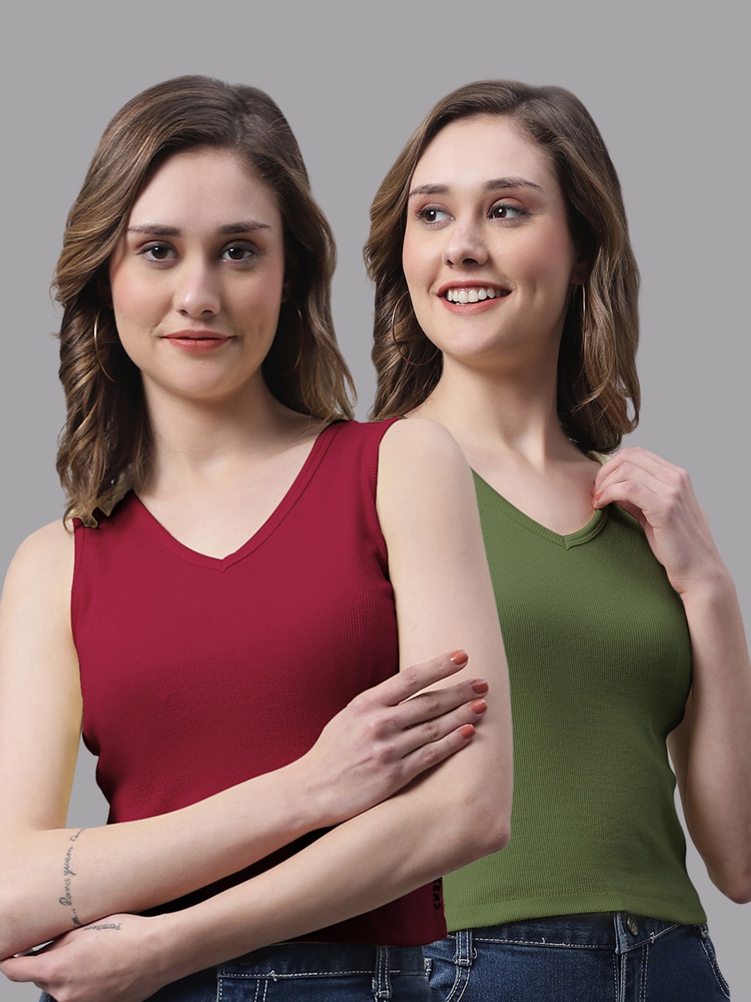 

FBAR Pack Of 2 V-Neck Cotton Crop Tops, Maroon