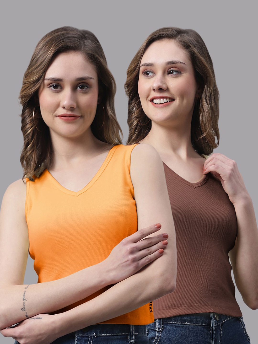 

FBAR Pack Of 2 V-Neck Sleeveless Cotton Top, Orange