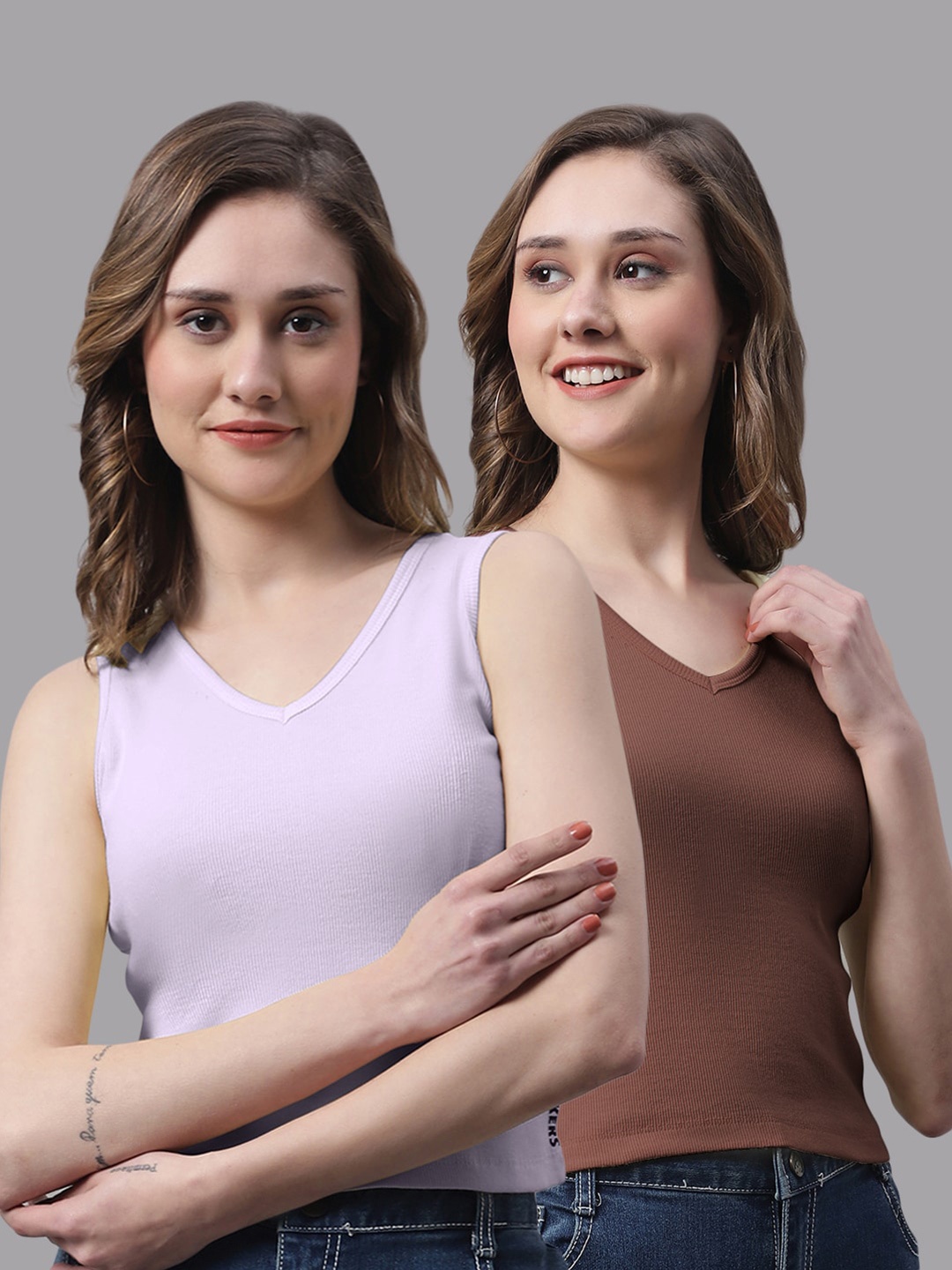 

FBAR Pack Of 2 Bio Washed Ribbed Cotton Crop Tops, Purple