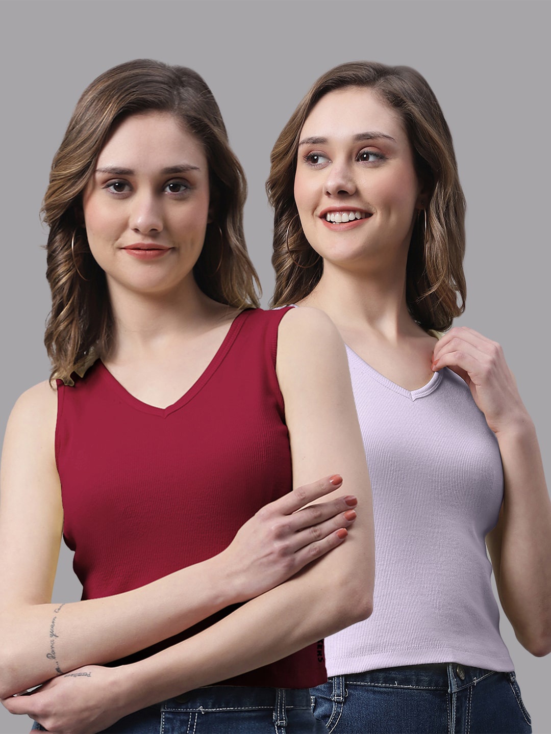 

FBAR Pack Of 2 Bio Washed Ribbed Cotton Crop Tops, Maroon