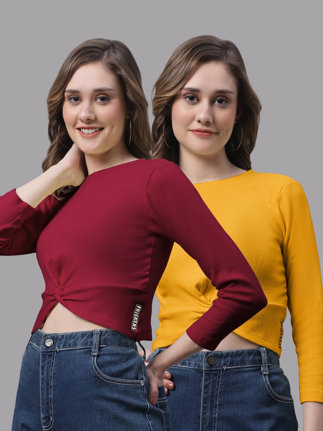 

FBAR Pack Of 2 Twisted Skin Friendly Ribbed Fitted Pure Cotton Crop Top, Maroon