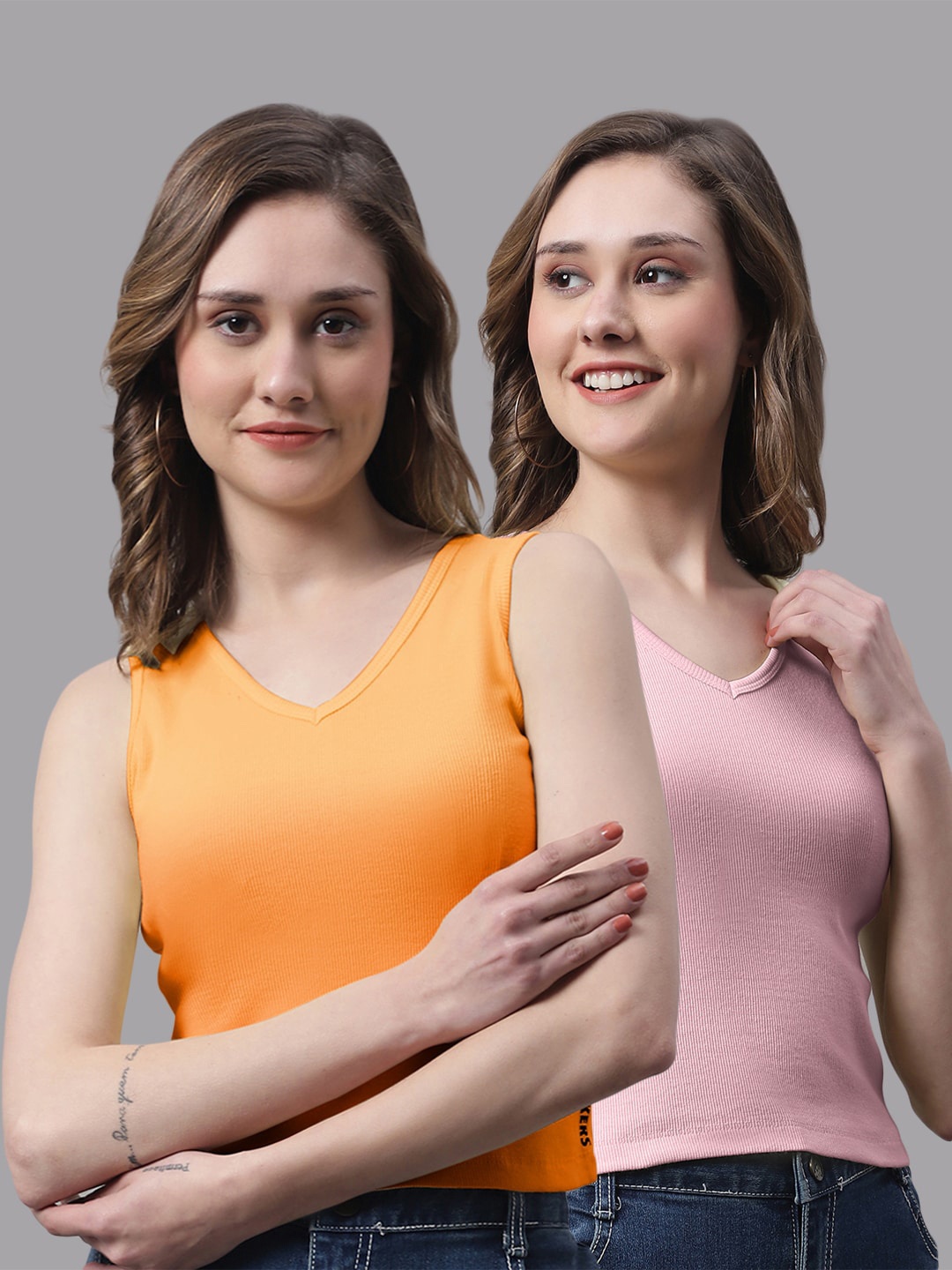 

FBAR Pack Of 2 V- Neck Ribbed Fitted Pure Cotton Crop Top, Orange