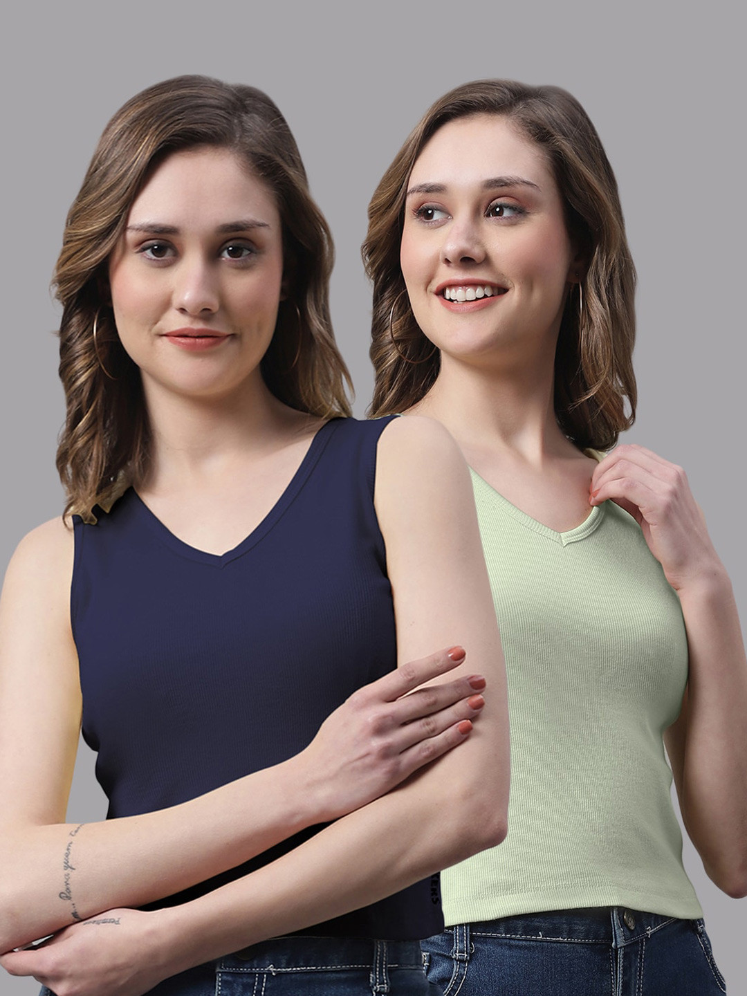 

FBAR Pack Of 2 V-Neck Cotton Crop Top, Navy blue