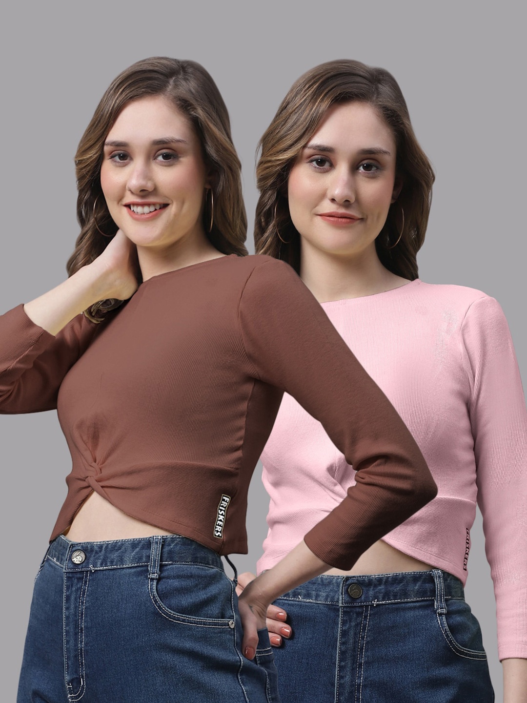 

FBAR Pack Of 2 Round Neck Skin Friendly Bio-Wash Pure Cotton Fitted Crop Tops, Brown