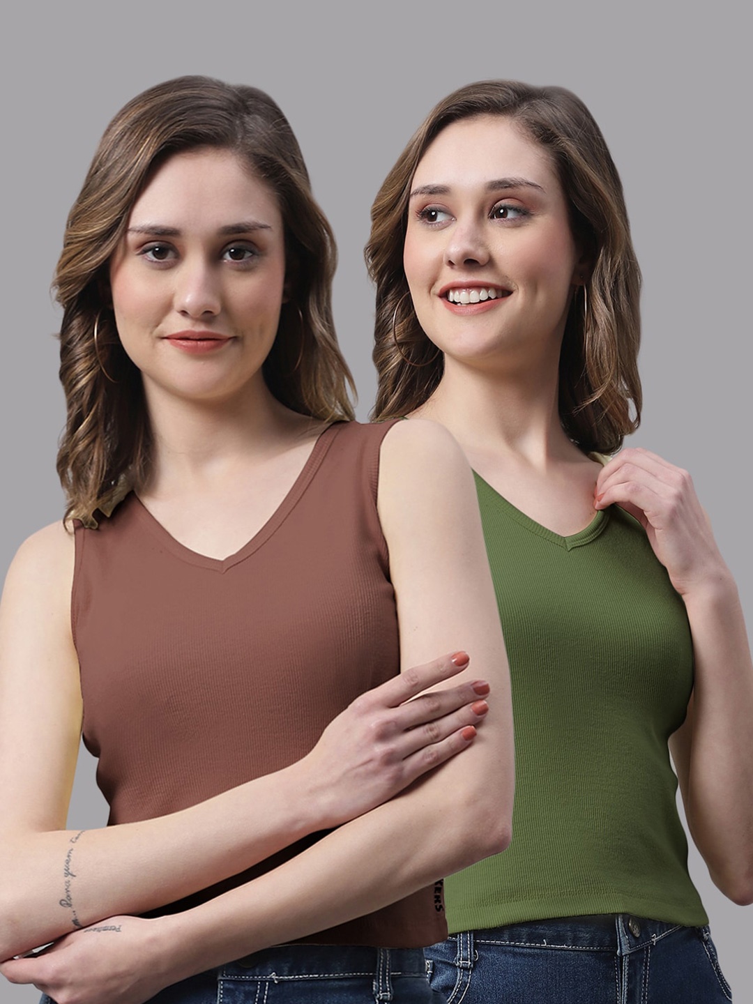 

FBAR Pack Of 2 V-Neck Cotton Top, Brown