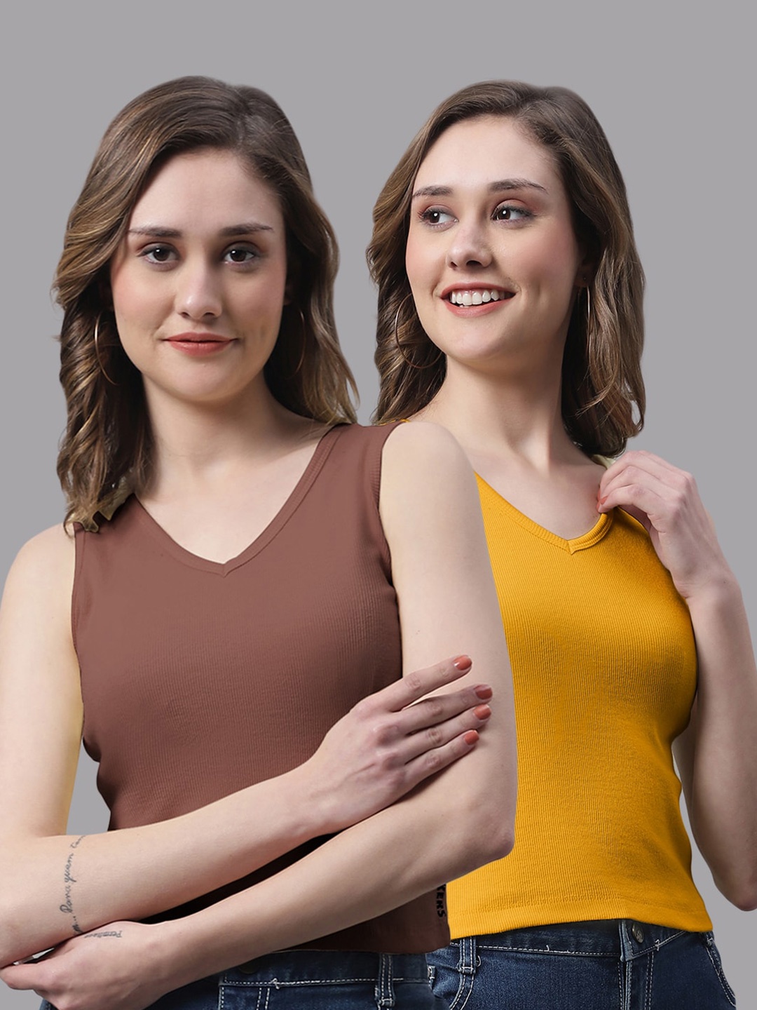 

FBAR Pack Of 2 V-Neck Skin Friendly Bio-Wash Pure Cotton Fitted Crop Tops, Brown