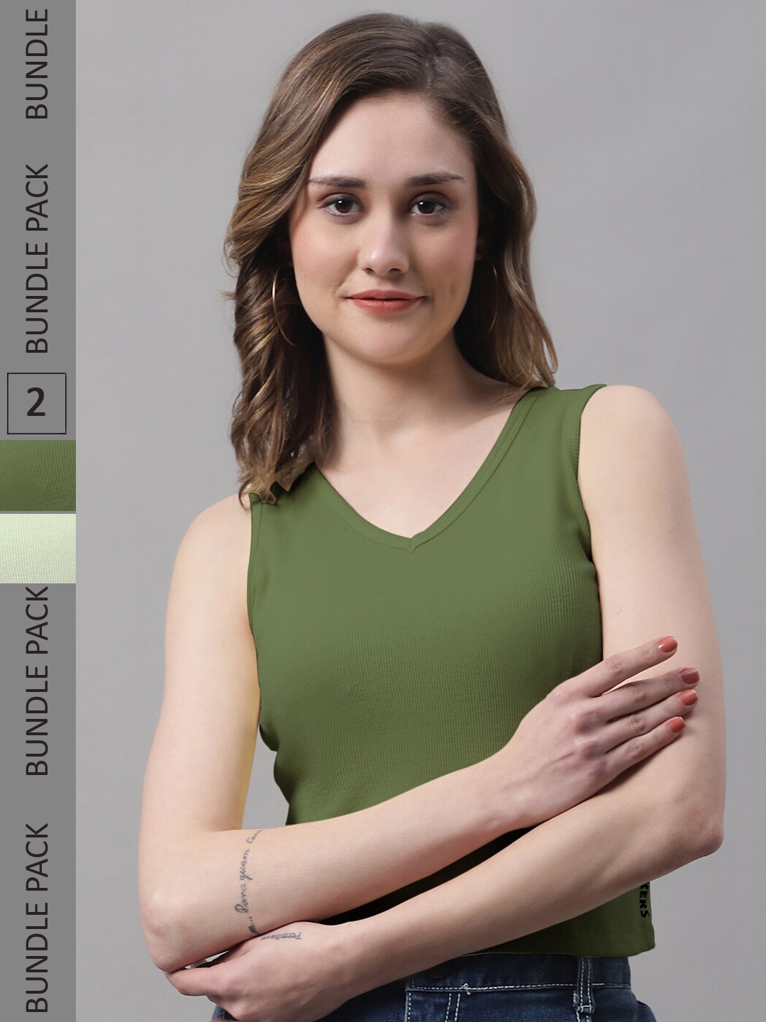 

FBAR Pack Of 2 V- Neck Ribbed Fitted Pure Cotton Crop Top, Sea green