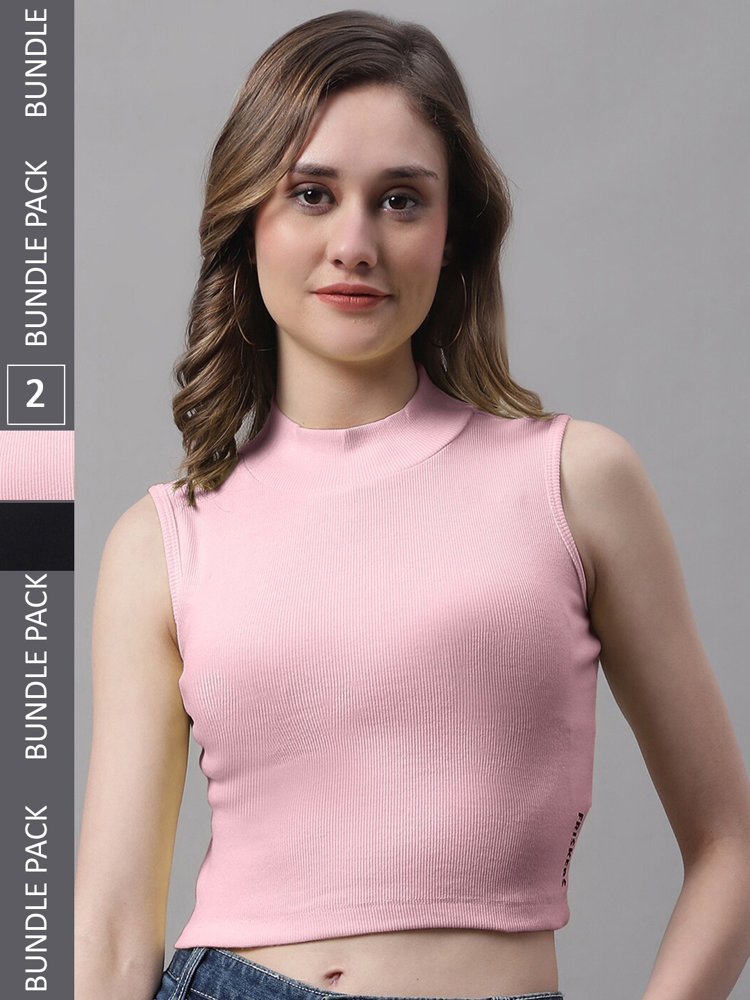 

FBAR Pack Of 2 High Neck Cotton Crop Top, Black