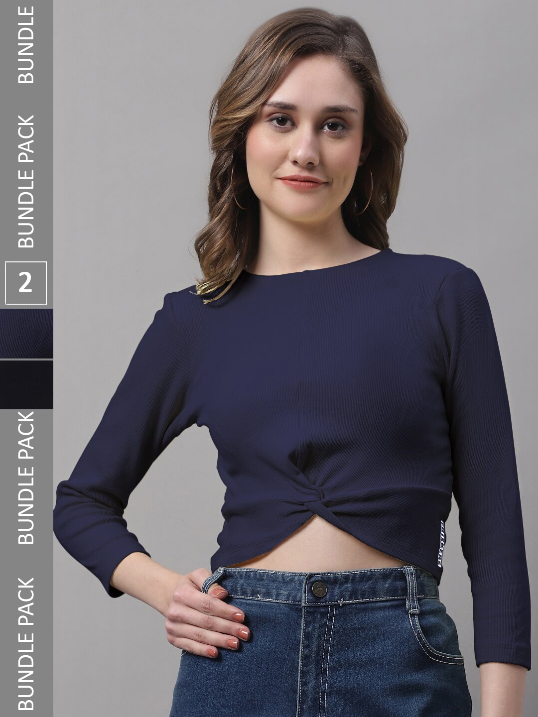 

FBAR Pack of 2 Ribbed Twisted Cotton Crop Tops, Navy blue