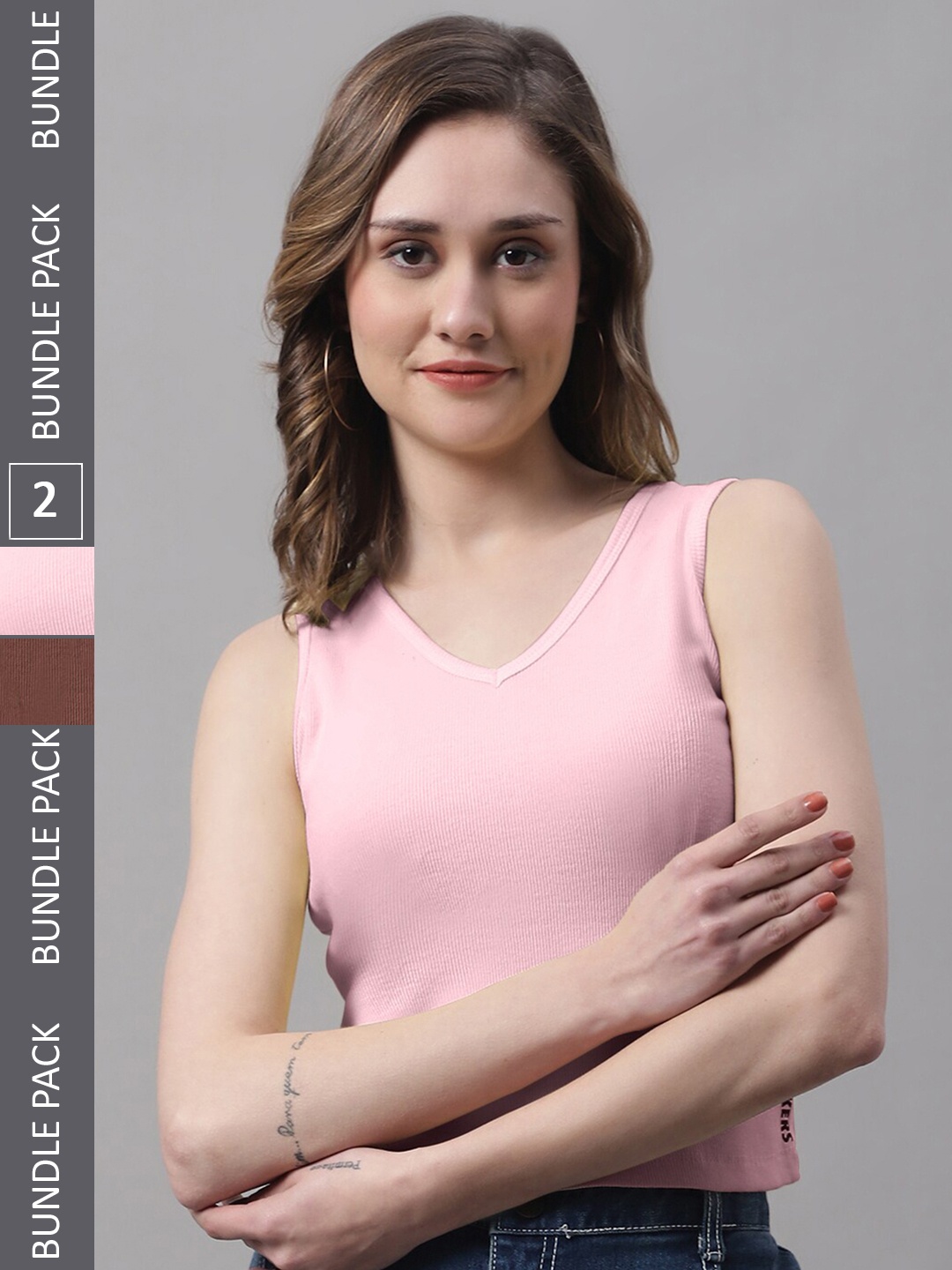 

FBAR Pack Of 2 V-Neck Bio Wash Skin Friendly Cotton Tank Top, Brown