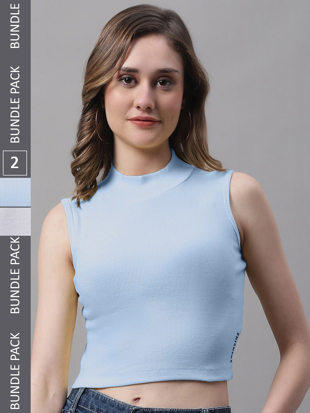 

FBAR Pack Of 2 High Neck Sleeveless Fitted Cotton Crop Top, Blue