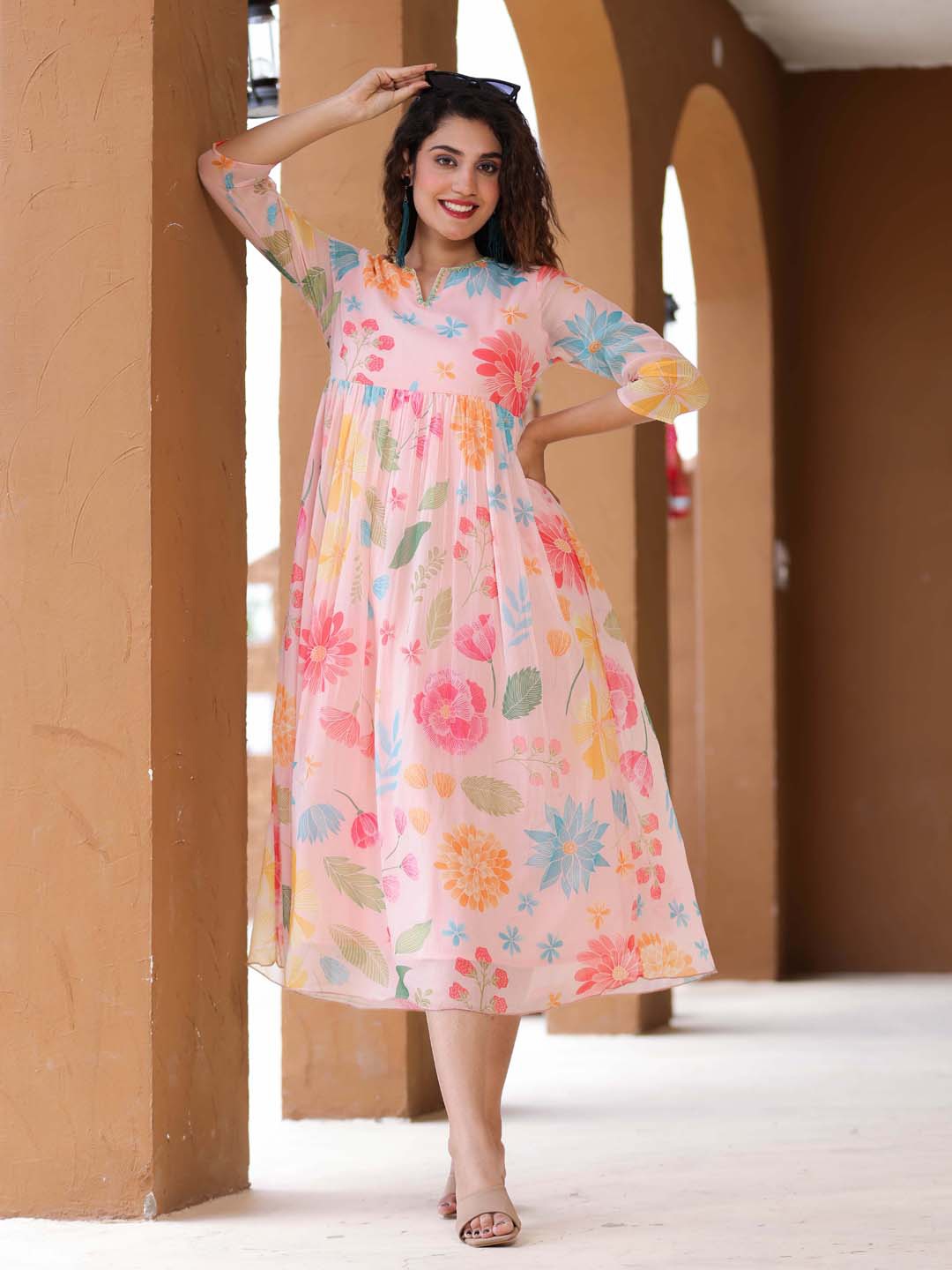 

Meena Bazaar Floral Printed Georgette Empire Midi Dress, Peach