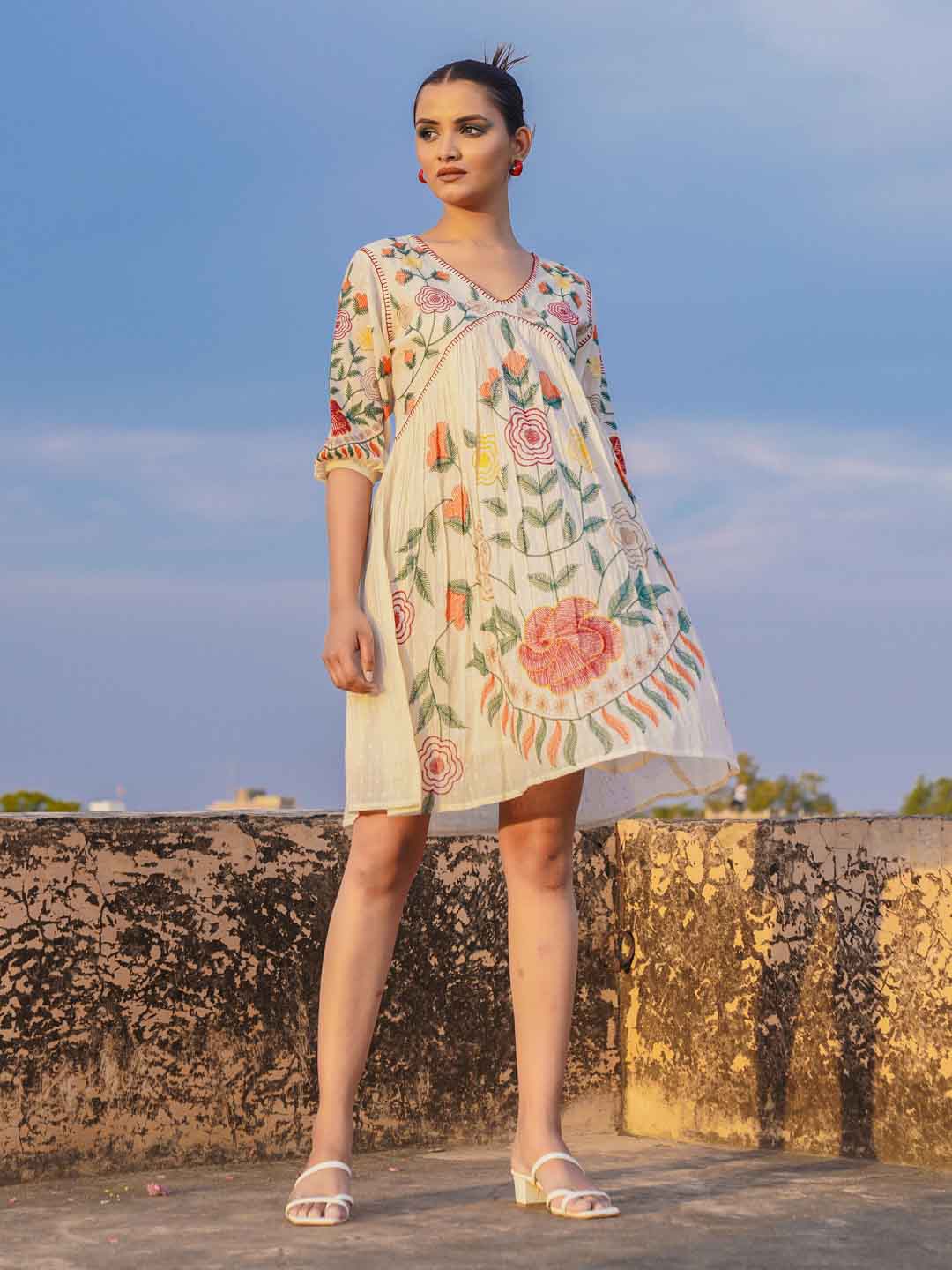 

Meena Bazaar Floral Embroidered Puff Sleeves Cotton Empire Dress, Cream
