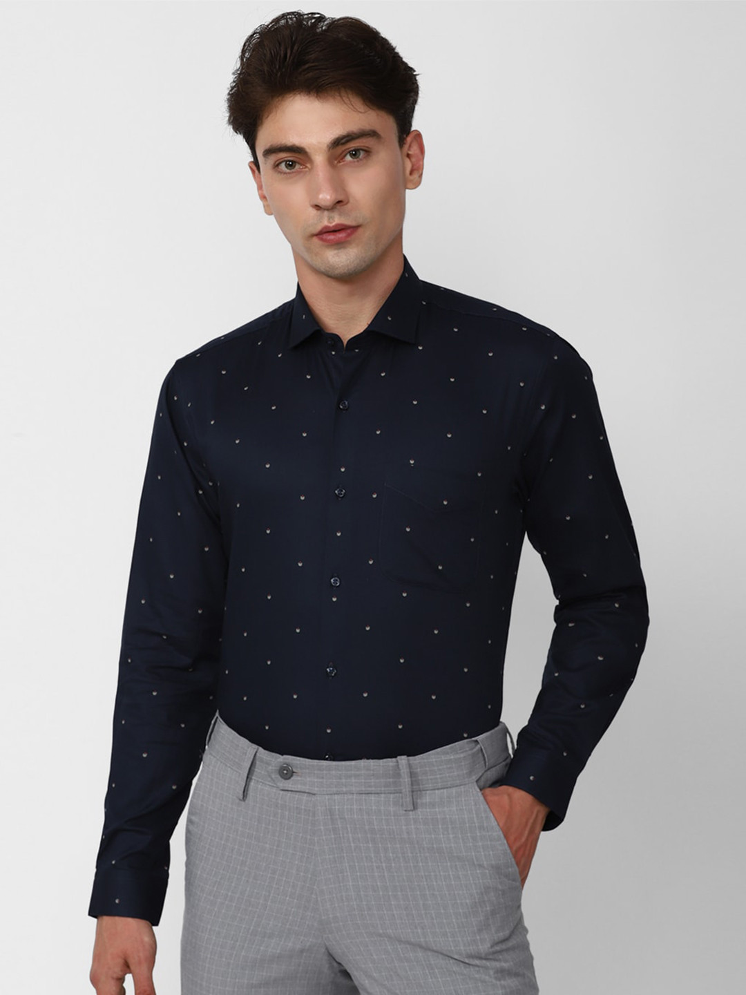 

Peter England Spread Collar Long Sleeves Micro Printed Formal Pure Cotton Shirt, Navy blue
