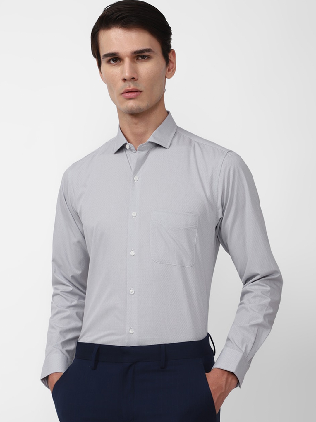 

Peter England Spread Collar Long Sleeves Slim Fit Micro Ditsy Printed Formal Cotton Shirt, Grey