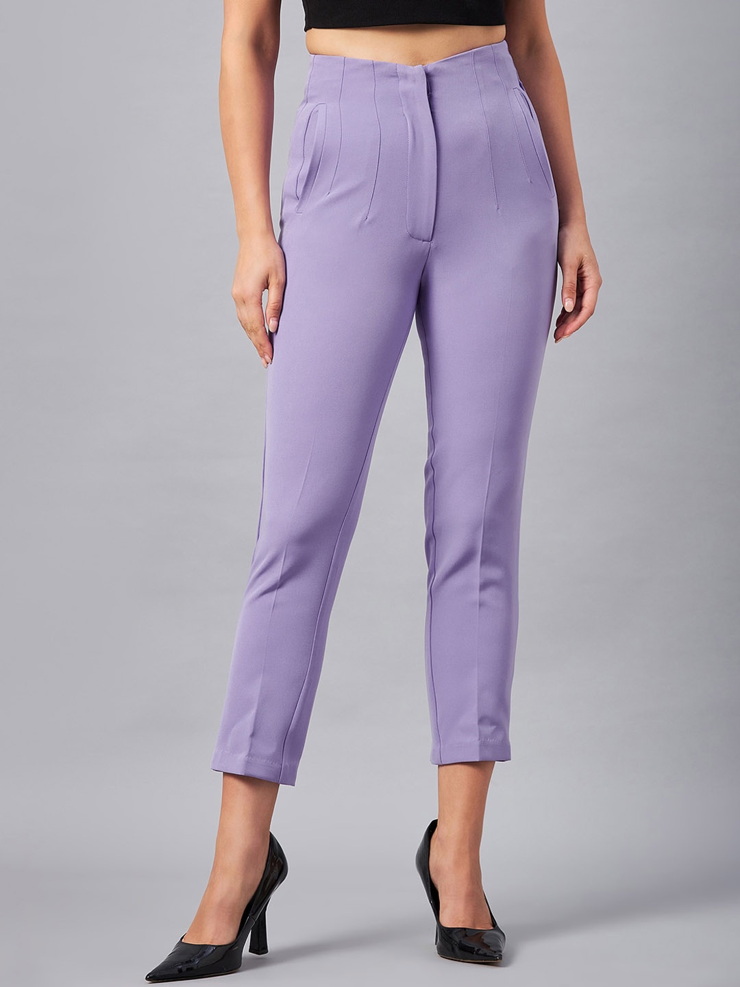 

DELAN Women Smart Slim Fit High-Rise Easy Wash Peg Trousers, Lavender