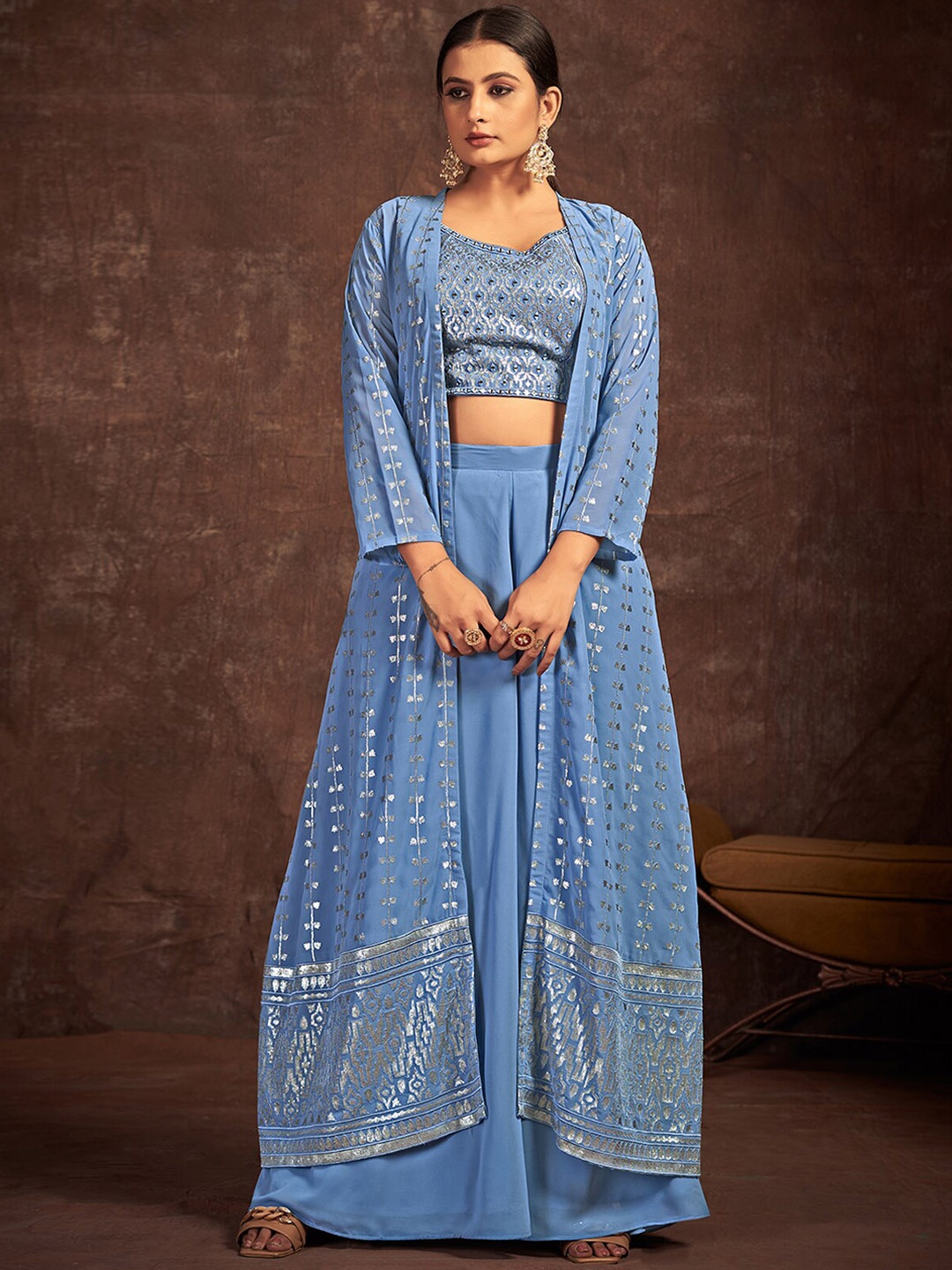 

ODETTE Ethnic Motifs Embroidered Regular Top with Palazzos & Shrug, Blue