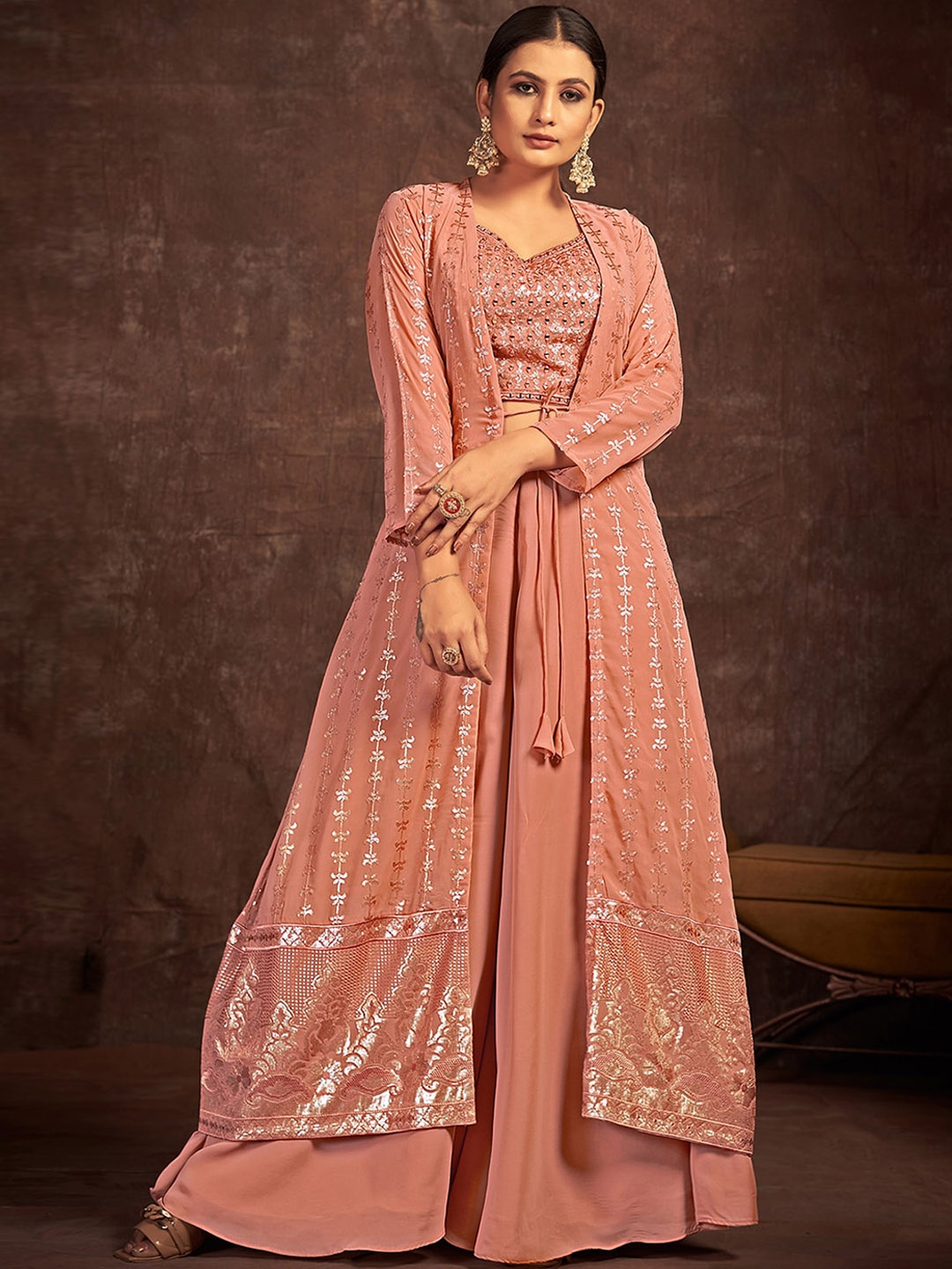 

ODETTE Women Ethnic Motifs Embroidered Top With Palazzos & Jacket, Peach