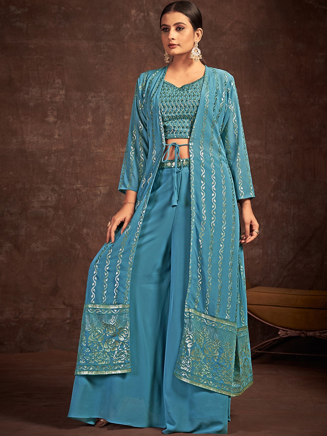 

ODETTE Sequined Top With Palazzo & Long Shrug, Teal