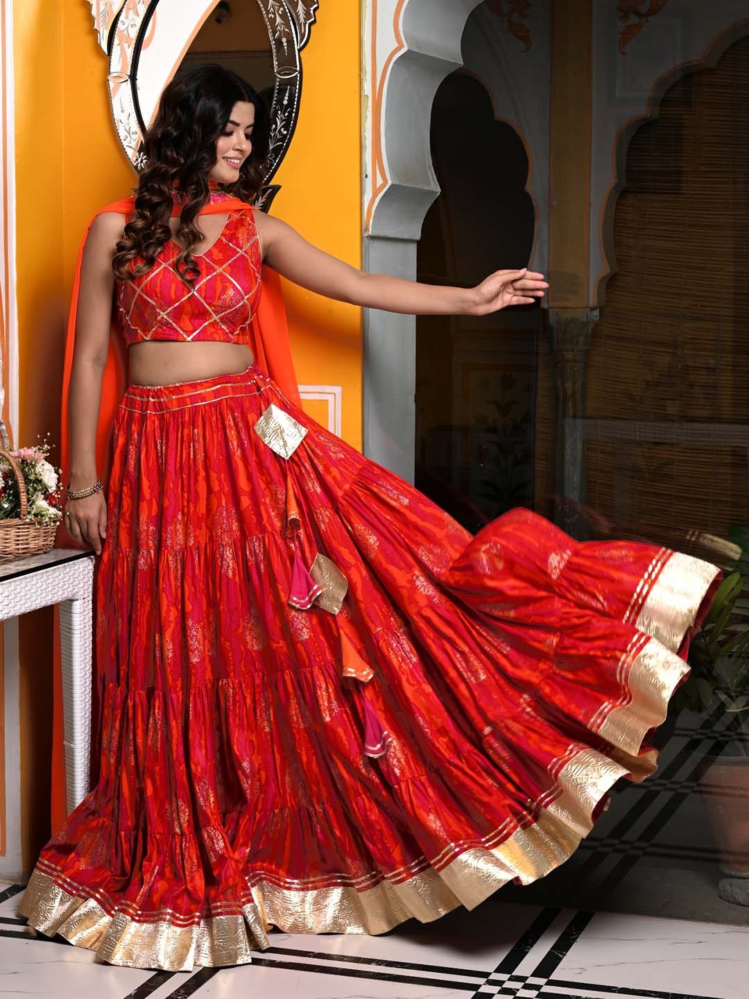 

Indi INSIDE Printed Ready to Wear Lehenga & Unstitched Blouse With Dupatta, Orange