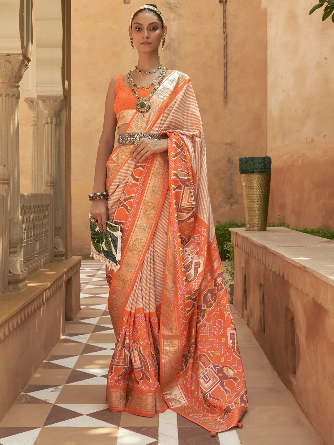 

elora Striped Zari Pure Silk Patola Saree, Orange