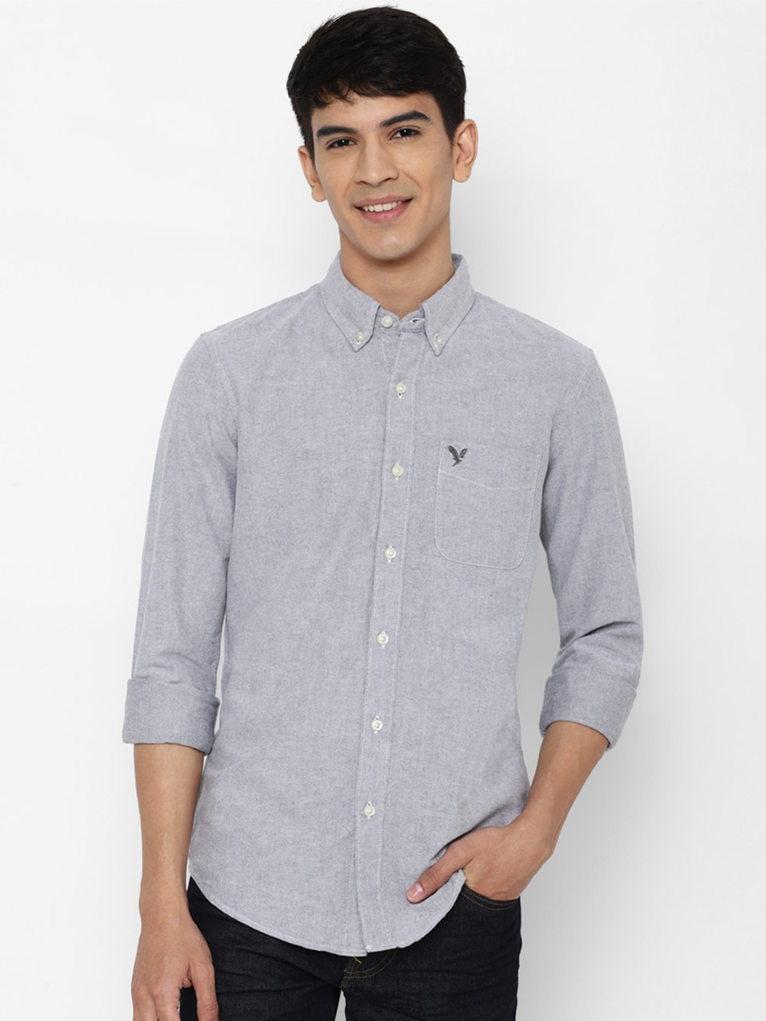 

AMERICAN EAGLE OUTFITTERS Slim Fit Button-Down Collar Pure Cotton Casual Shirt, Grey