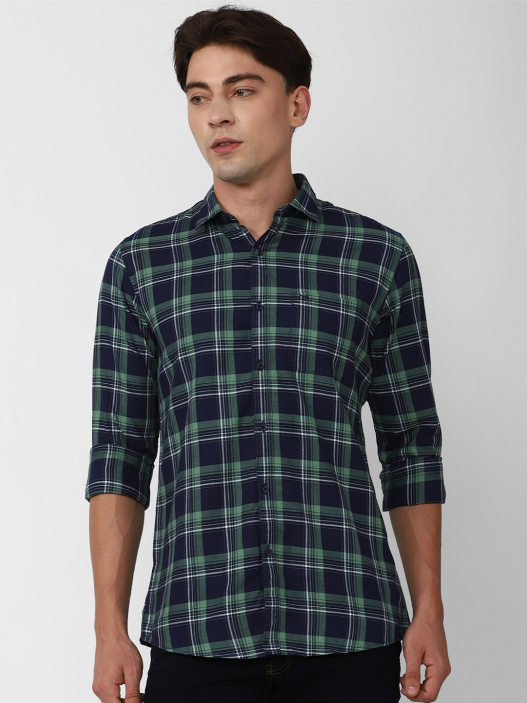 

Peter England Casuals Slim Fit Tartan Checks Opaque Checked Pure Cotton Casual Shirt, Navy blue