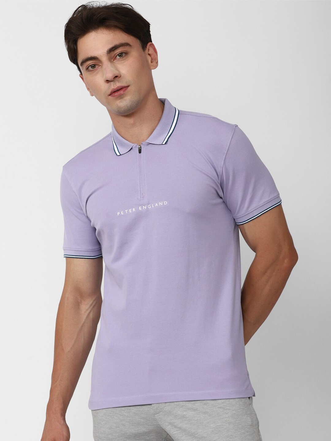 

Peter England Typography Printed Polo Collar Slim Fit T-shirt, Purple