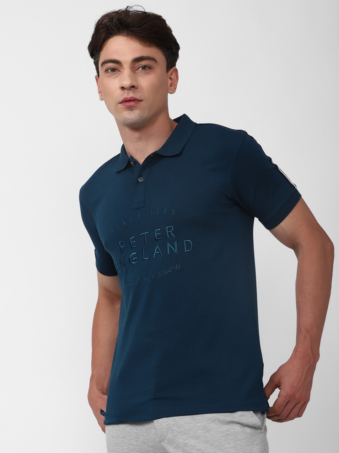 Peter England Casuals Typography Printed Polo Collar T-shirt, Teal