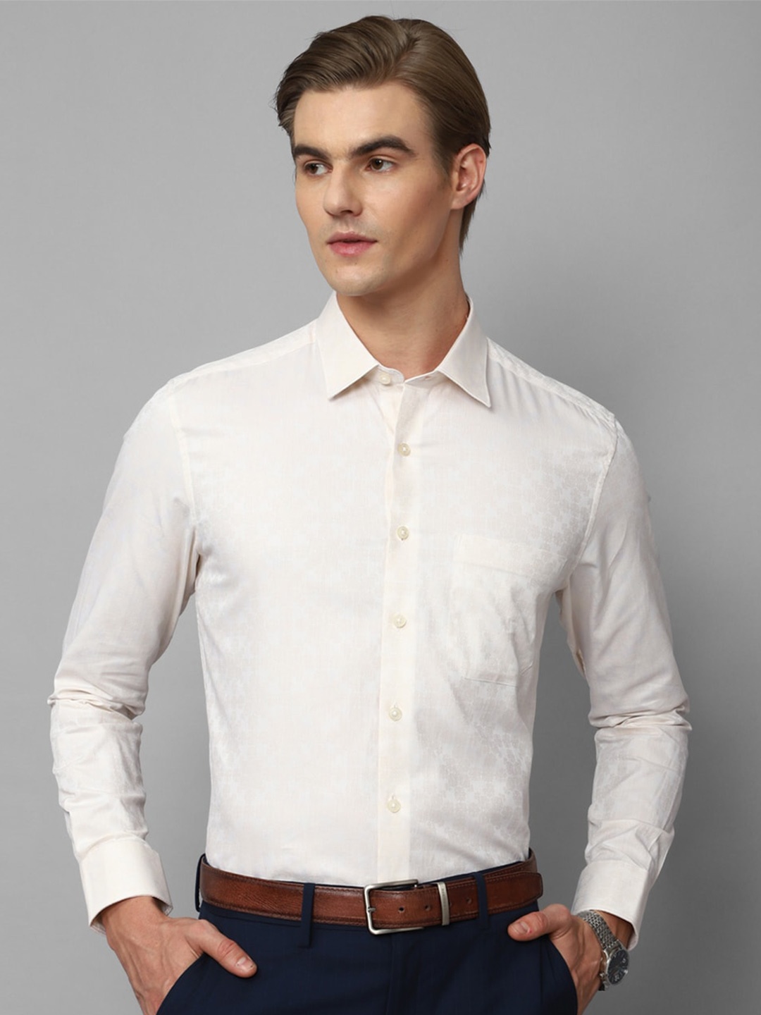 

Louis Philippe Slim Fit Ethnic Motifs Printed Formal Pure Cotton Shirt, Cream