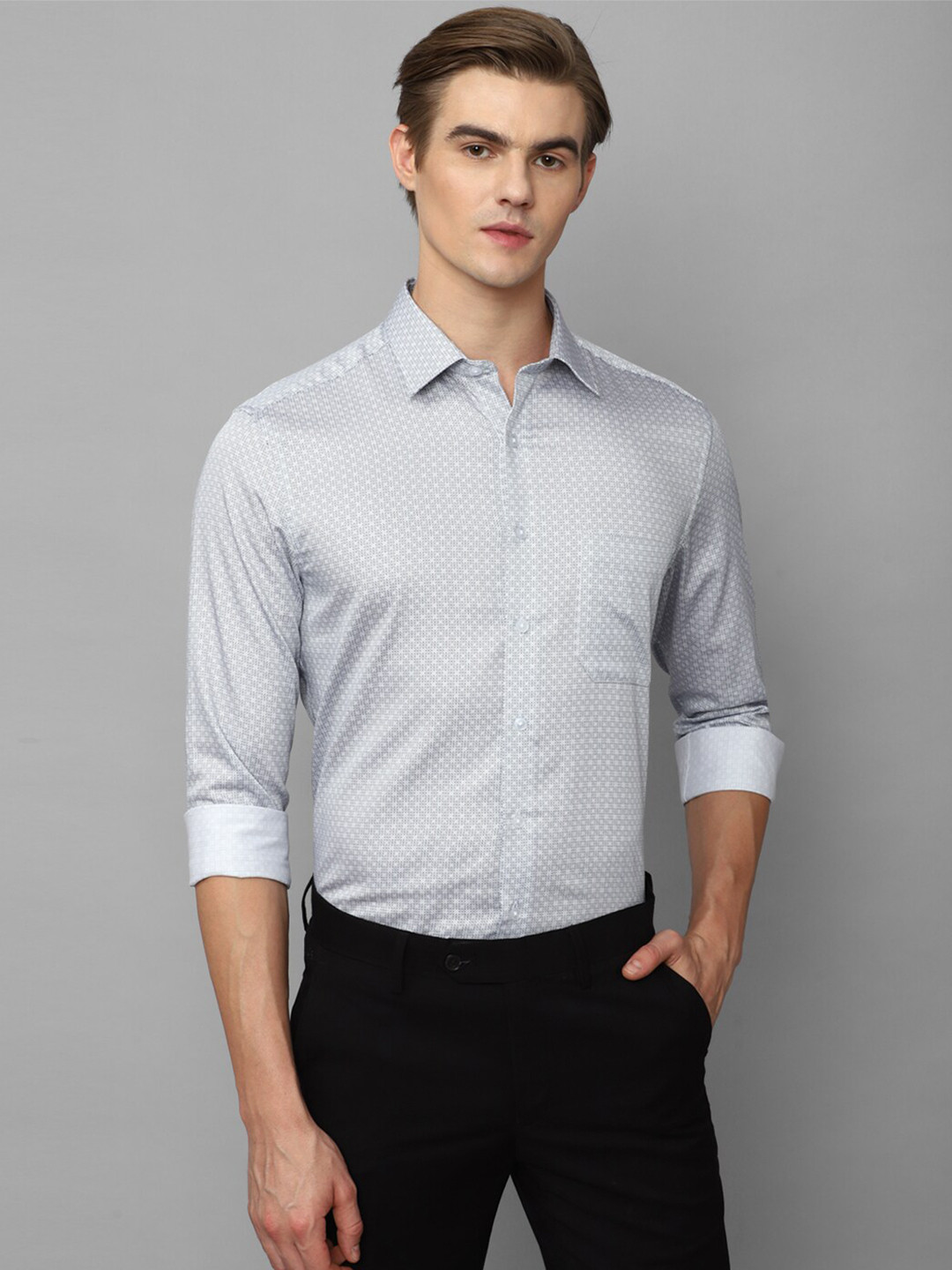 

Louis Philippe Plus Size Micro Ditsy Printed Slim Fit Cotton Formal Shirt, Grey