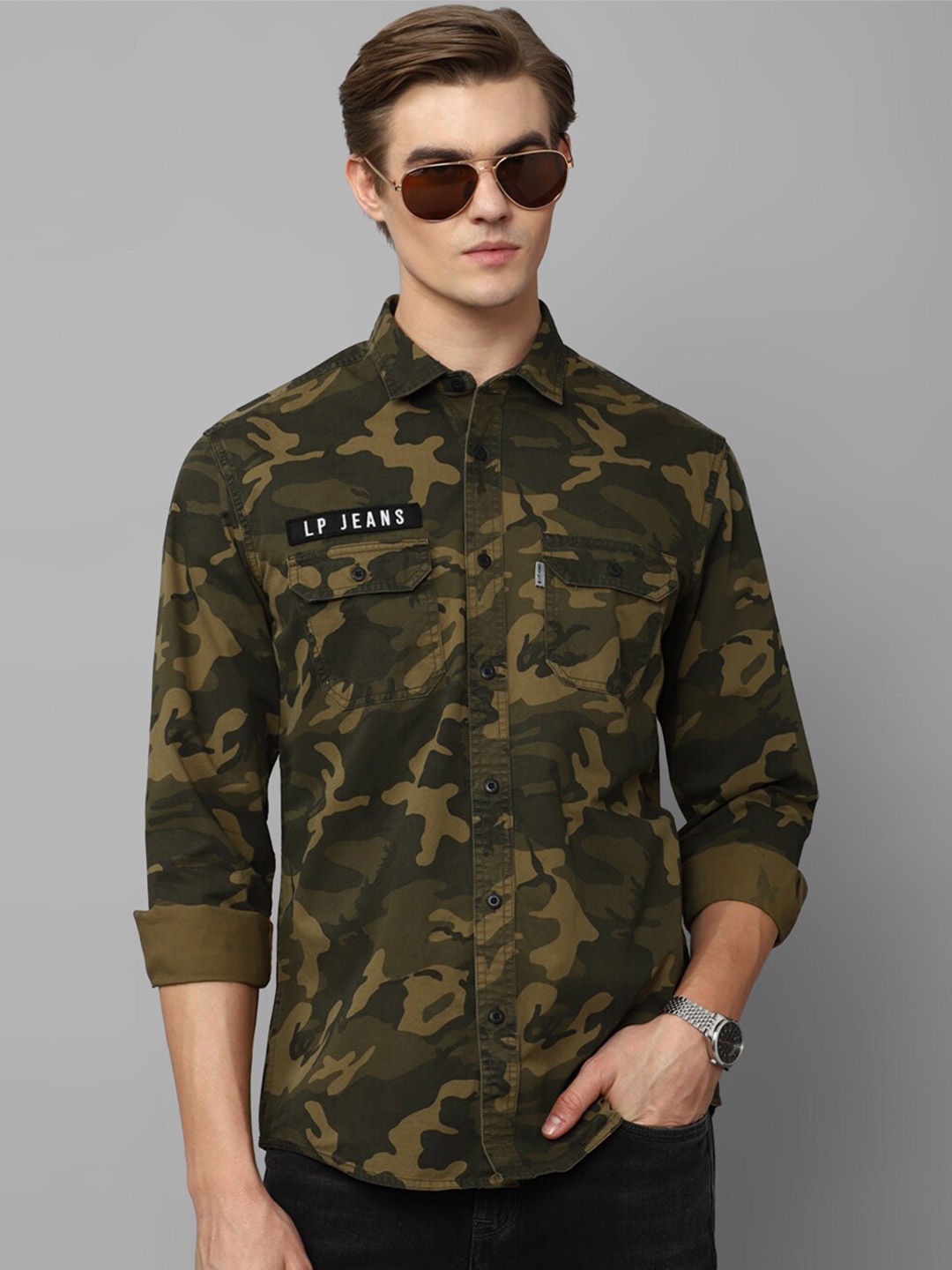

Louis Philippe Jeans Slim Fit Camouflage Pure Printed Cotton Casual Shirt, Green