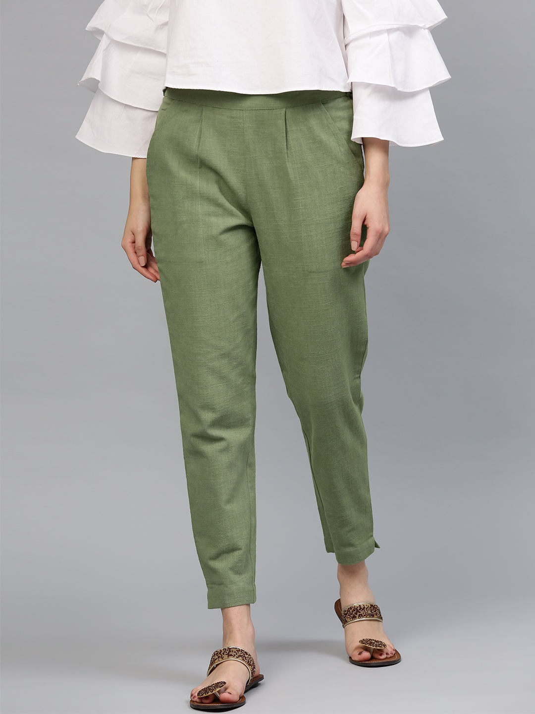 

Jaipur Kurti Women Olive Green Solid Trousers