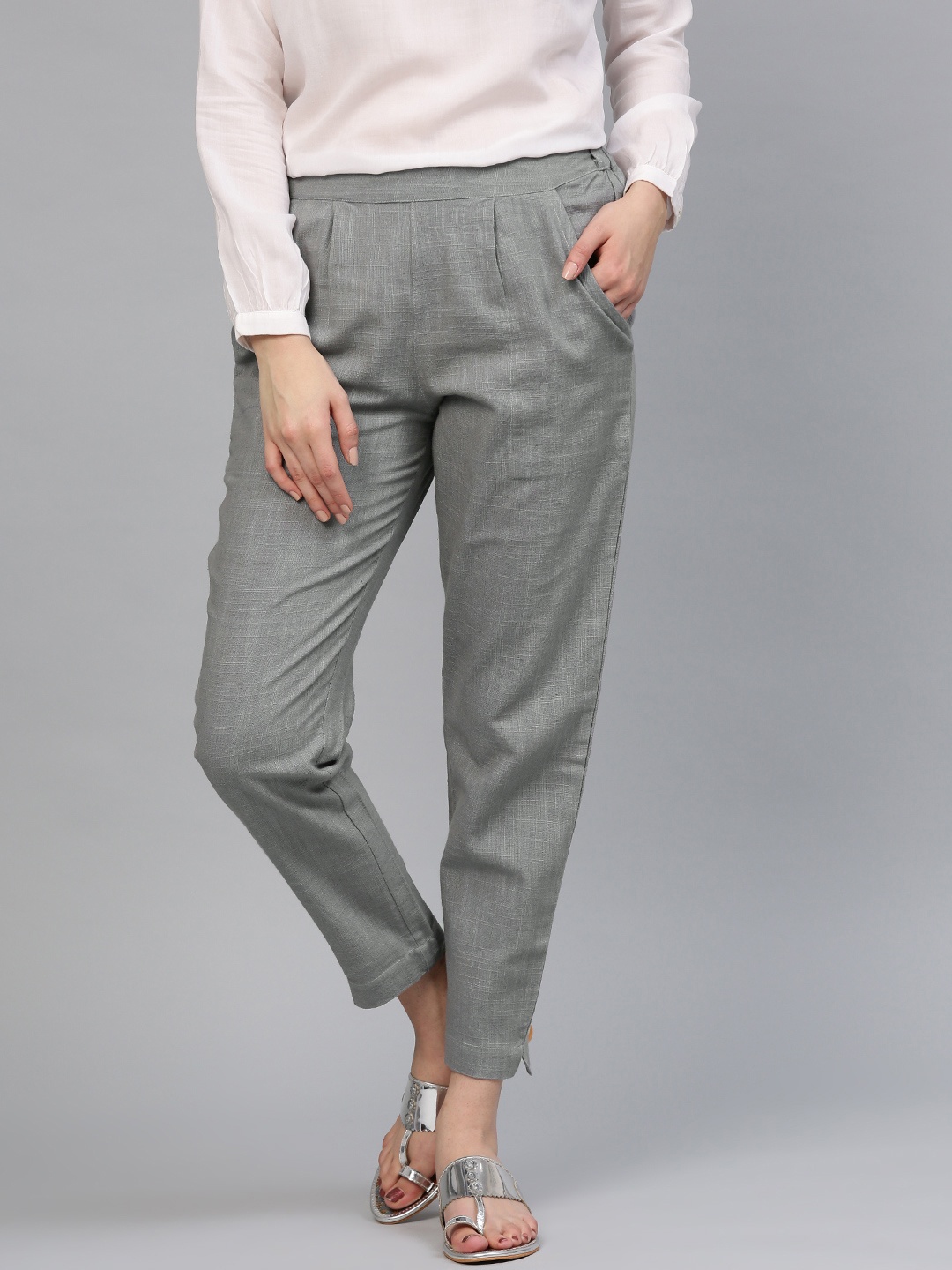 

Jaipur Kurti Women Grey Solid Casual Trousers