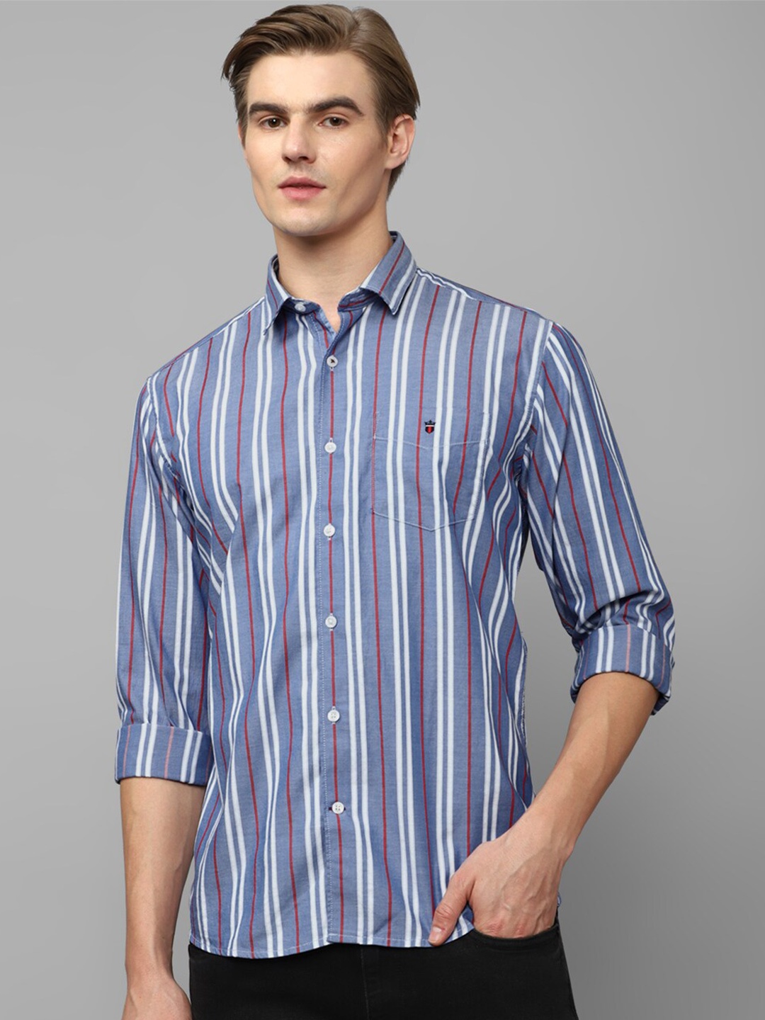 

Louis Philippe Sport Spread Collar Slim Fit Striped Casual Pure Cotton Shirt, Blue