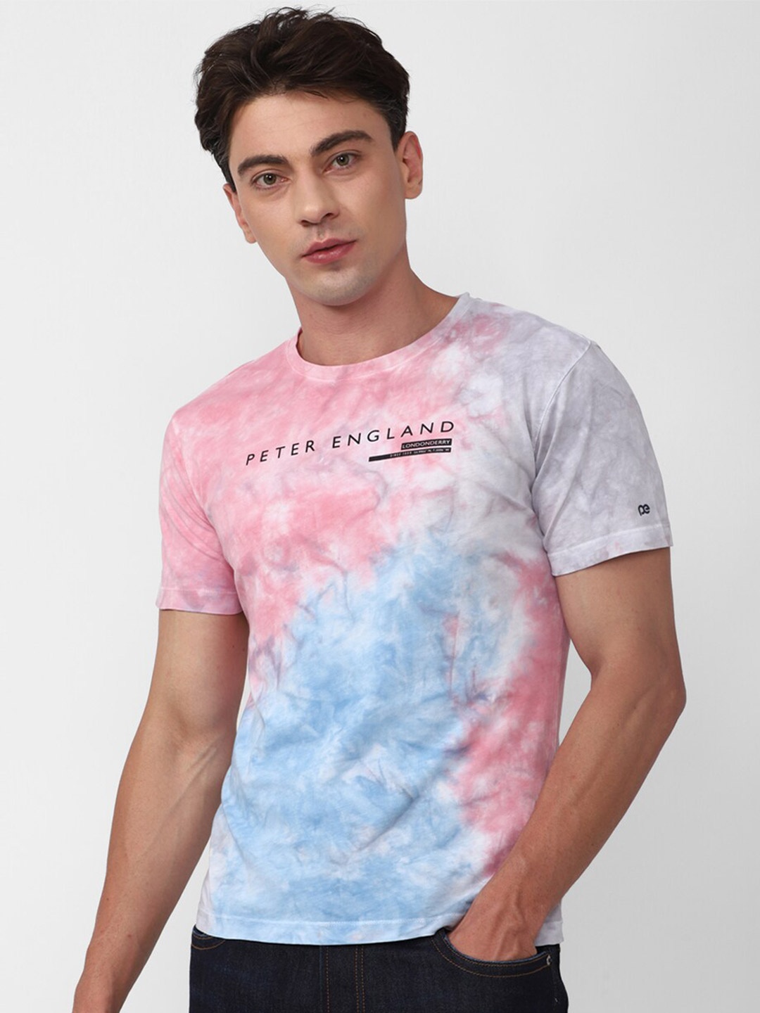 Peter England Casuals Tie & Dyed Slim Fit Pure Cotton T-shirt, Pink