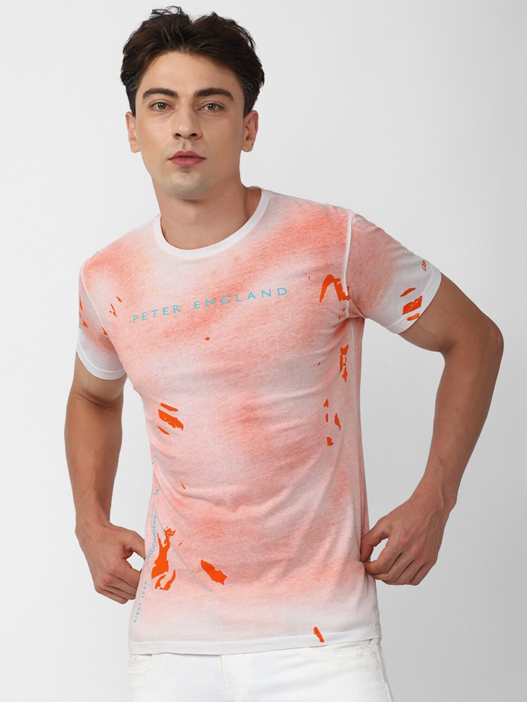 

Peter England Casuals Abstract Printed Slim Fit Pure Cotton T-shirt, Peach
