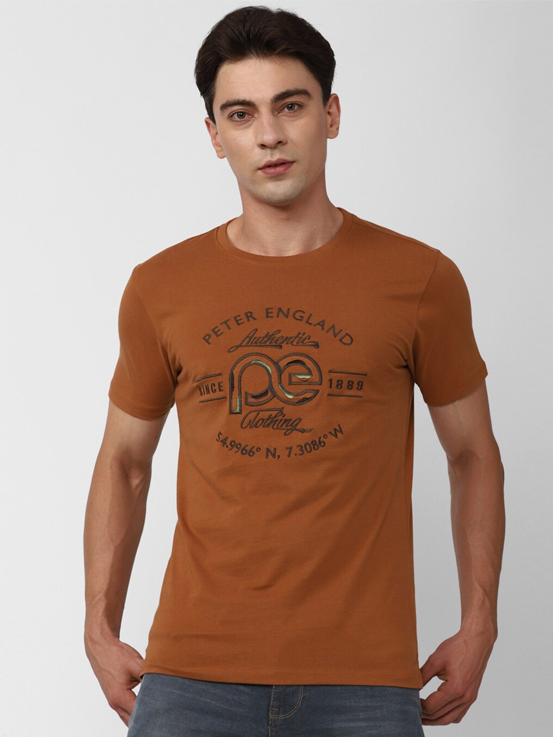 Peter England Casuals Typography Printed Slim Fit T-shirt, Brown