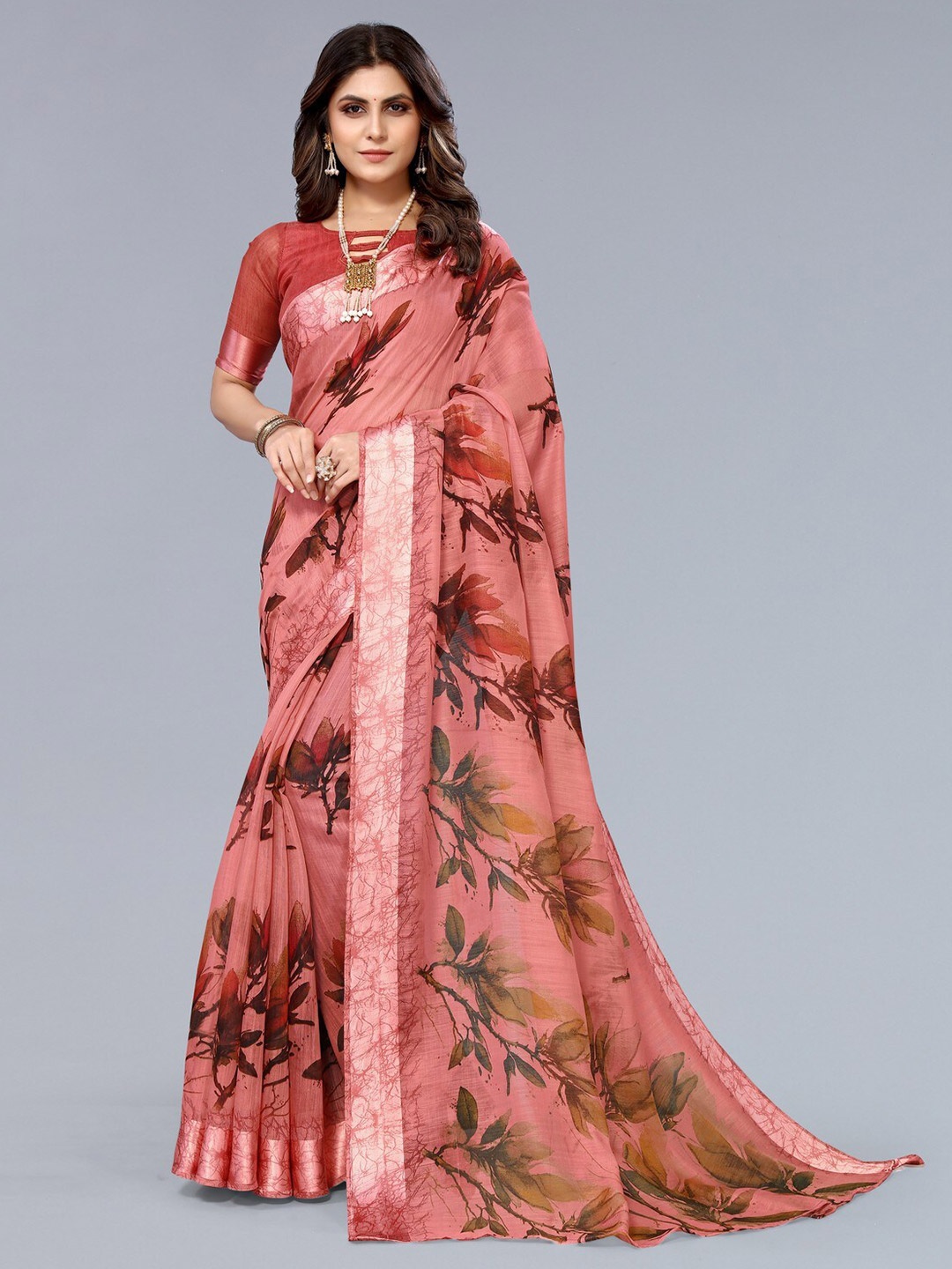 

KALINI Floral Printed Satin Saree, Peach