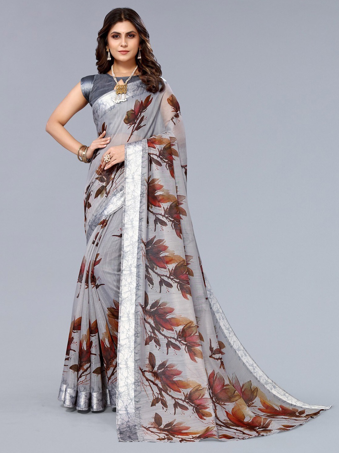 

KALINI Floral Printed Satin Saree, Grey