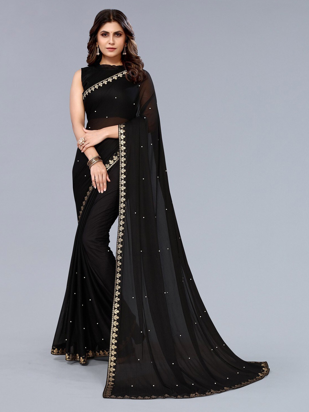 

KALINI Embellished Beads and Stones Saree, Black