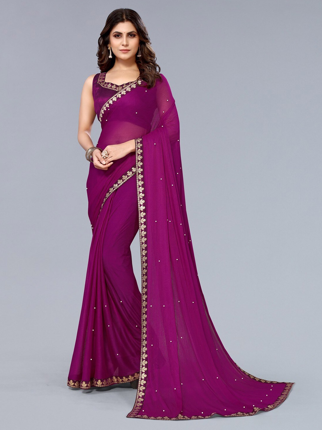 

KALINI Embellished Beads and Stones Saree, Purple