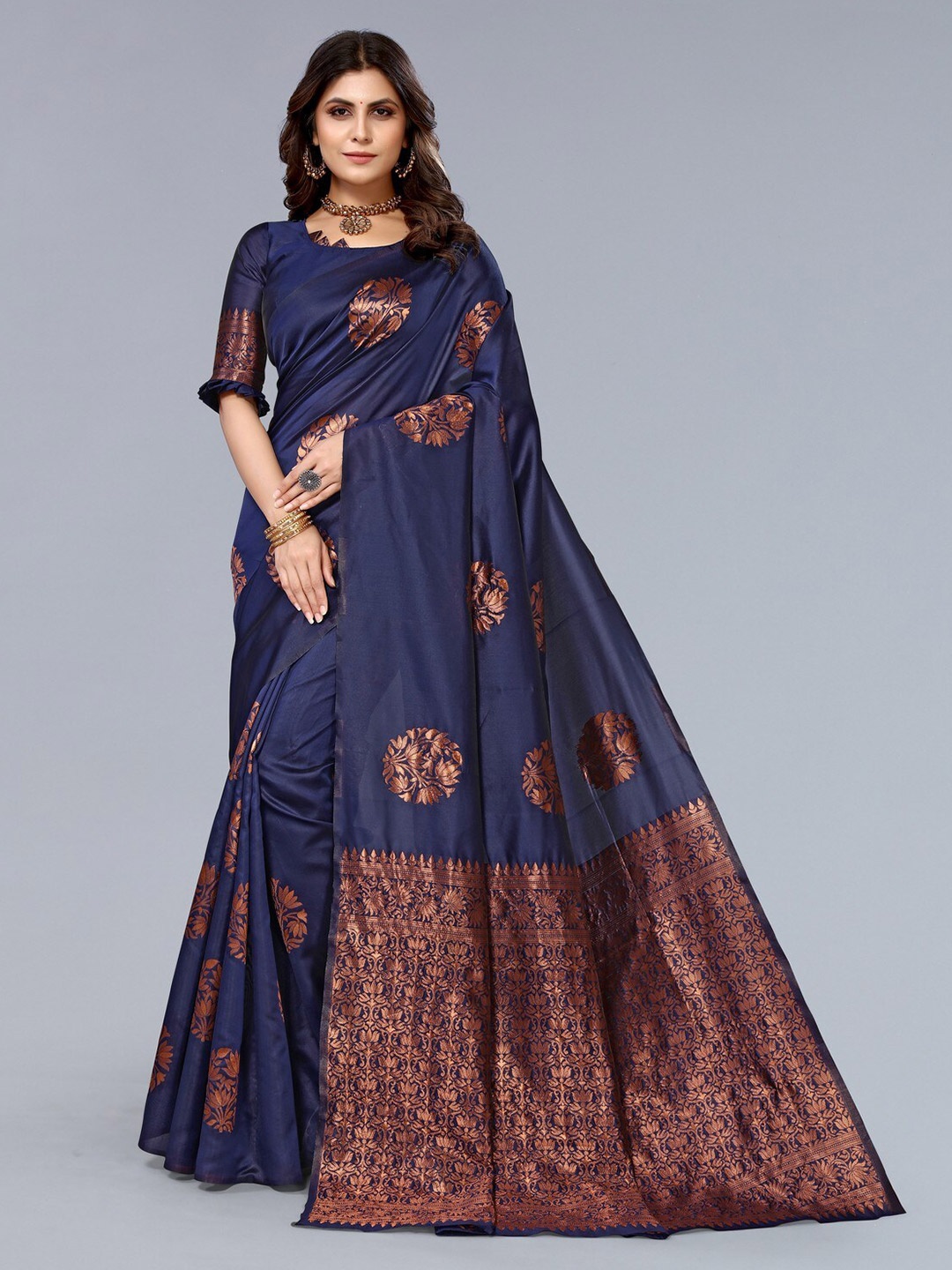 

KALINI Floral Woven Design Zari Saree, Navy blue