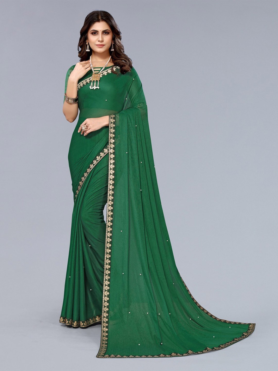 

KALINI Embellished Beads and Stones Saree, Green