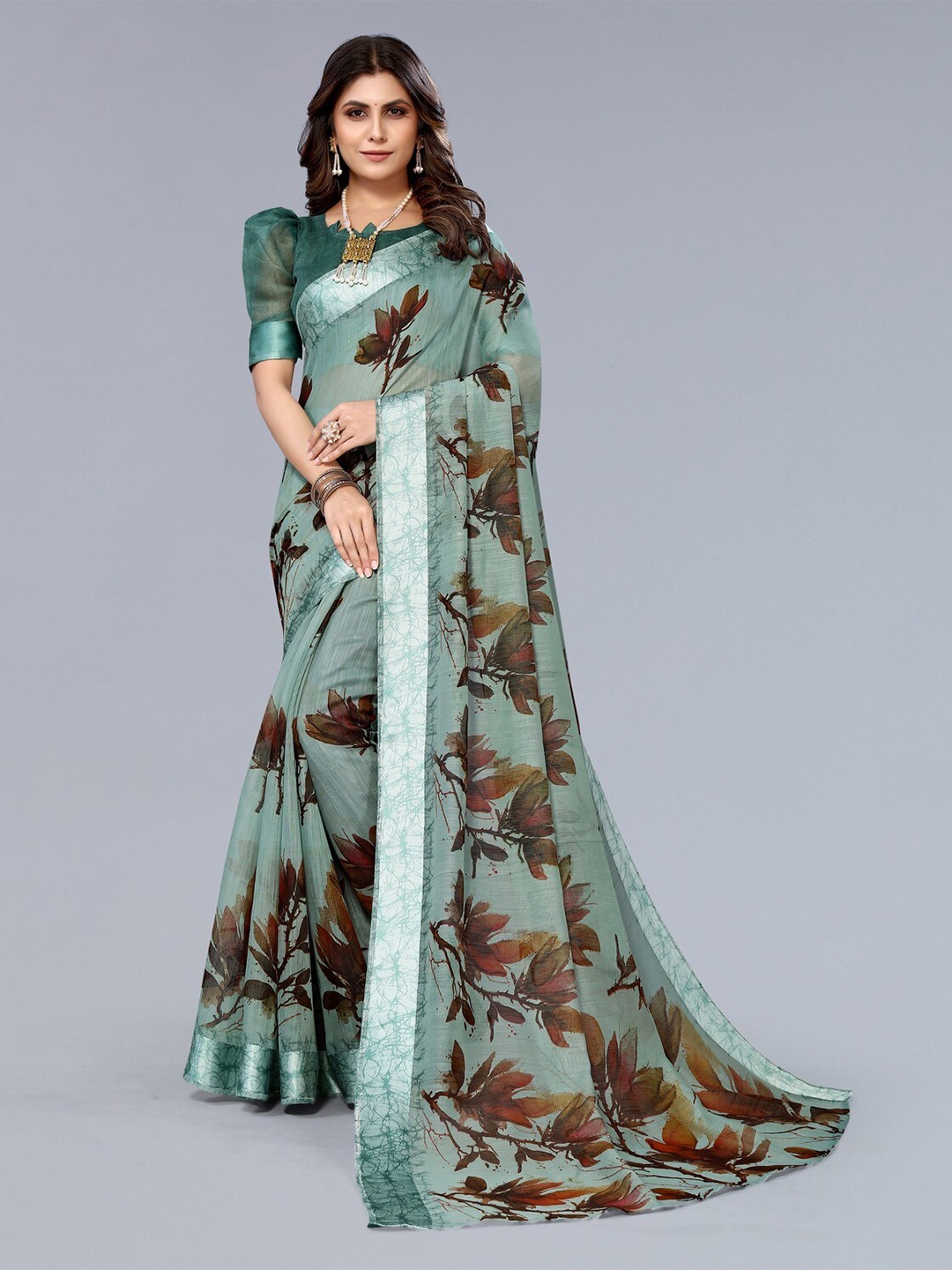 

KALINI Floral Printed Zari Satin Linen Saree, Green