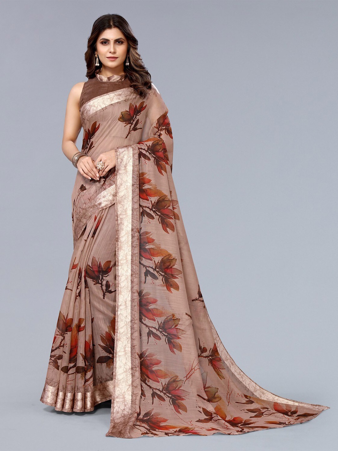 

KALINI Floral Printed Zari Satin Linen Saree, Brown